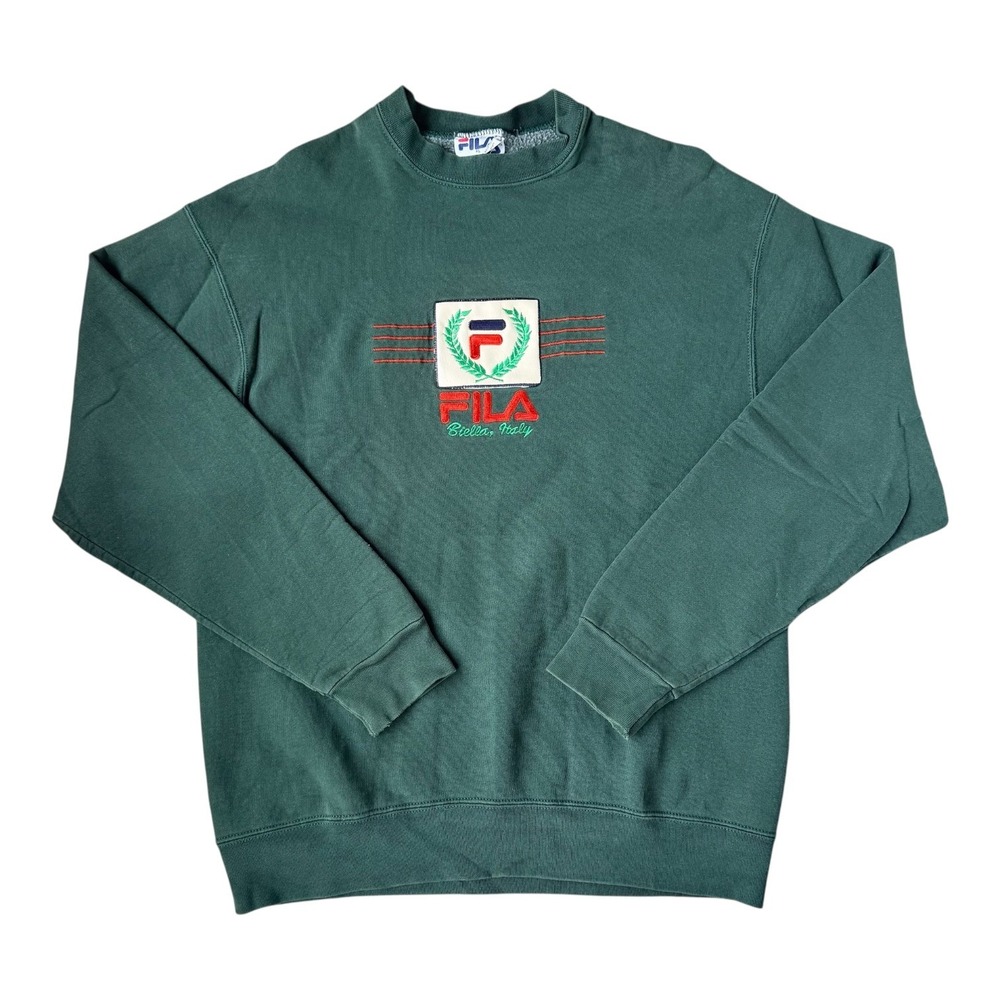 Vintage 90s FILA Biella Italy Crewneck Sweatshirt Mens XL Green Spellout Logo